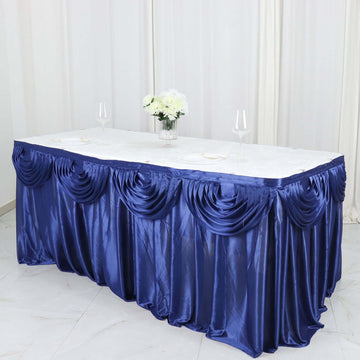 Satin 14ft Table Skirt Navy Blue - Pleated Double Drape Table Cover