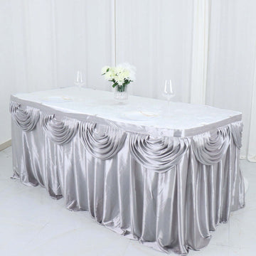 Satin 14ft Table Skirt Silver - Pleated Double Drape Table Cover