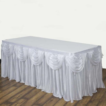 Satin 14ft Table Skirt White Pleated Double Drape Design - Soft & Graceful for Events