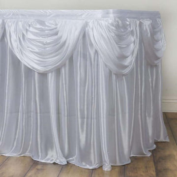 Satin 21ft Table Skirt White Pleated Double Drape Design - Soft & Graceful for Events