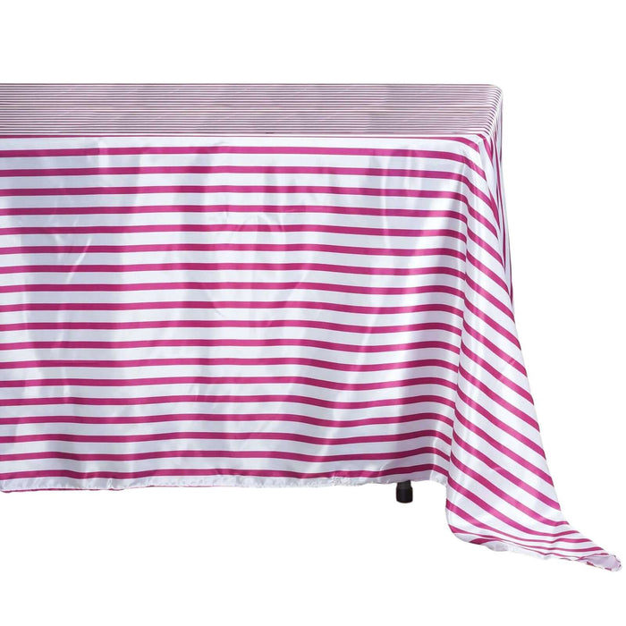 60"x102" White Fuchsia Stripe Satin Rectangle Tablecloth