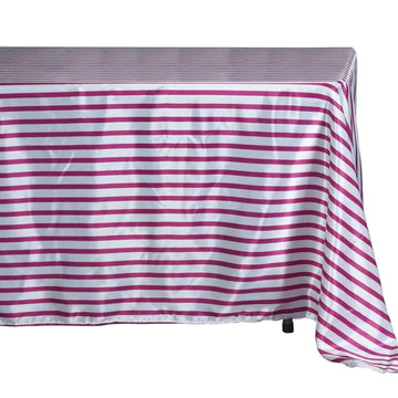 Satin 60"x126" Rectangle Tablecloth White/Fuchsia - Stripe Design with Smooth Finish Table Cover