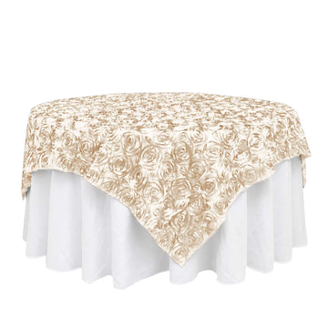 Satin 72"x72" Table Overlay Square Tablecloth Beige - 3D Rosette Table Cover