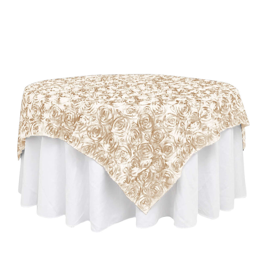 72x72inch Beige 3D Rosette Satin Table Overlay, Square Tablecloth Topper