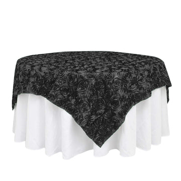 Satin 72"x72" Table Overlay Square Tablecloth Black - 3D Rosette Design for Stylish Occasions