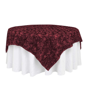 Satin 72"x72" Table Overlay Square Tablecloth Burgundy - 3D Rosette Table Cover