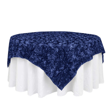 Satin 72"x72" Table Overlay Square Tablecloth Navy Blue - 3D Rosette Table Cover