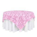 72x72inch Pink 3D Rosette Satin Table Overlay, Square Tablecloth Topper