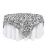 72x72inch Silver 3D Rosette Satin Table Overlay, Square Tablecloth Topper