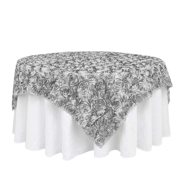 Satin 72"x72" Table Overlay Square Tablecloth Silver - 3D Rosette Table Cover