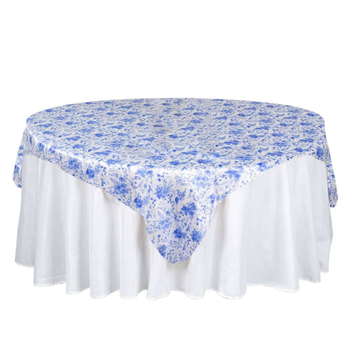 White Blue French Toile Floral Satin Table Overlay, Square Tablecloth Topper