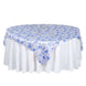 White Blue French Toile Floral Satin Table Overlay, Square Tablecloth Topper