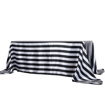 Satin 90"x132" Rectangle Tablecloth Black/White - Stripe Design with Seamless Silky Smooth Finish for Modern Celebrations