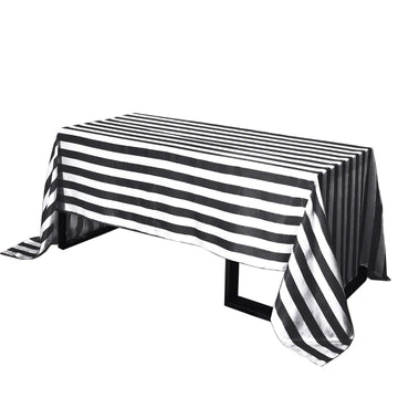 Satin 90"x156" Rectangle Tablecloth Black/White - Stripe Design with Seamless Finish Table Cover