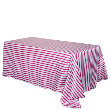 Satin 90"x156" Rectangle Tablecloth White/Fuchsia - Stripe Design with Seamless Finish Table Cover