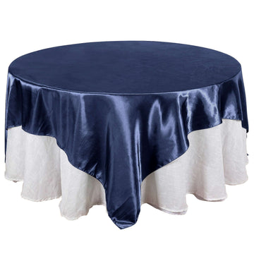 Satin 90"x90" Table Overlay Square Tablecloth Navy Blue - Smooth Finish Table Topper