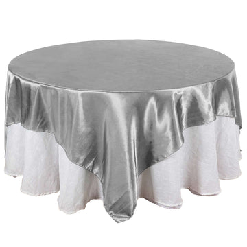 Satin 90"x90" Table Overlay Square Tablecloth Silver - Smooth Finish Table Topper