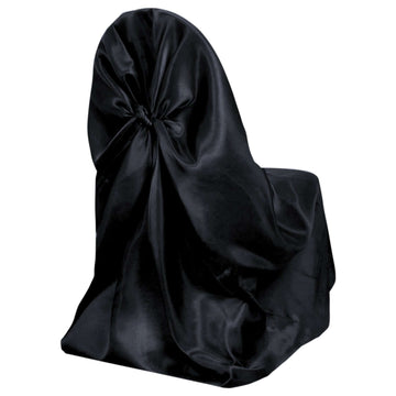 Satin Chair Cover Self-Tie Universal Design Black - Durable Slip-On Cover for Folding, Dining, Banquet & Standard Chairs