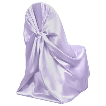 Satin Chair Cover Self-Tie Universal Design Lavender Lilac - Durable Slip-On Cover for Folding, Dining, Banquet & Standard Chairs