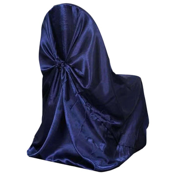 Satin Chair Cover Self-Tie Universal Design Navy Blue - Durable Slip-On Cover for Folding, Dining, Banquet & Standard Chairs