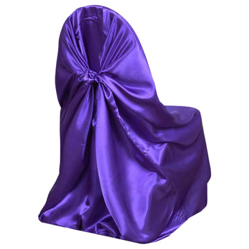 Satin Chair Cover Self-Tie Universal Design Purple - Durable Slip-On Cover for Folding, Dining, Banquet & Standard Chairs