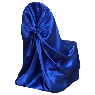 Satin Chair Cover Self-Tie Universal Design Royal Blue - Durable Slip-On Cover for Folding, Dining, Banquet & Standard Chairs