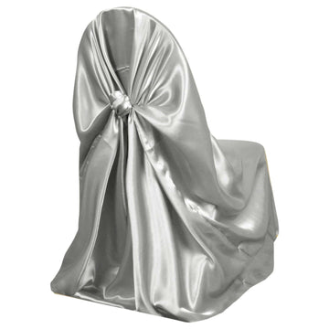 Satin Chair Cover Self-Tie Universal Design Silver - Durable Slip-On Cover for Folding, Dining, Banquet & Standard Chairs