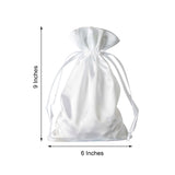 White satin drawstring bag, 6x9 inches, on plain white background.