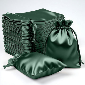 60 Pack 4"x6" Hunter Emerald Green Satin Wedding Party Favor Bags, Drawstring Pouch Gift Bags