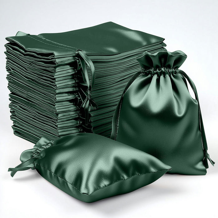 Green satin drawstring bags in various sizes on a white background.