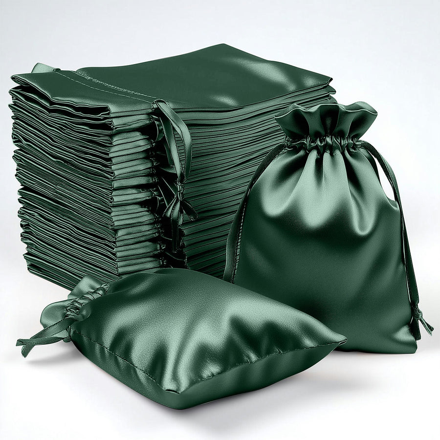 Green satin drawstring bags in various sizes on a white background.