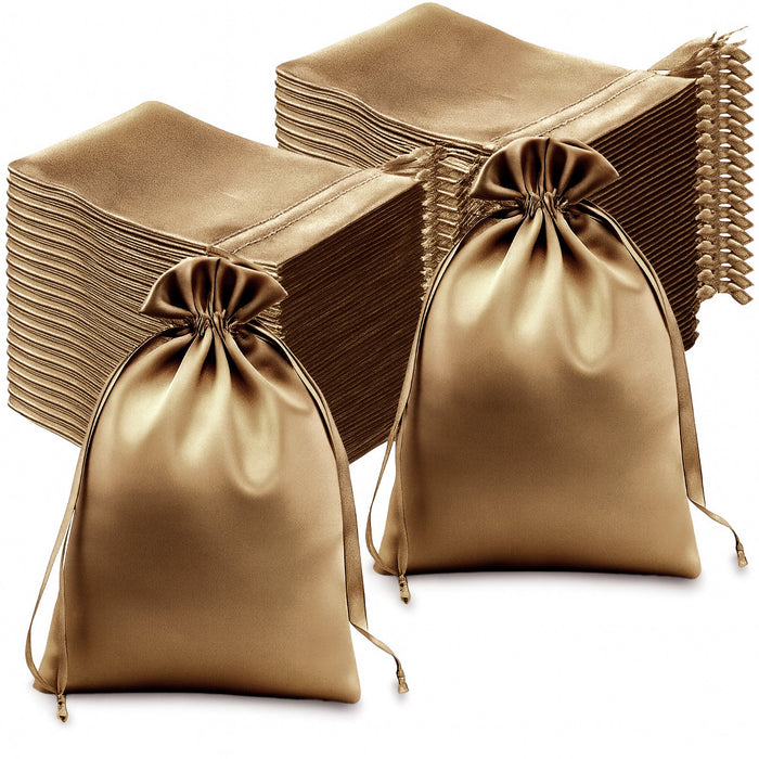 60 Pack 6x9inch Antique Gold Satin Wedding Party Favor Bags, Drawstring Pouch Gift Bags