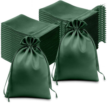 60 Pack 6"x9" Hunter Emerald Green Satin Wedding Party Favor Bags, Drawstring Pouch Gift Bags
