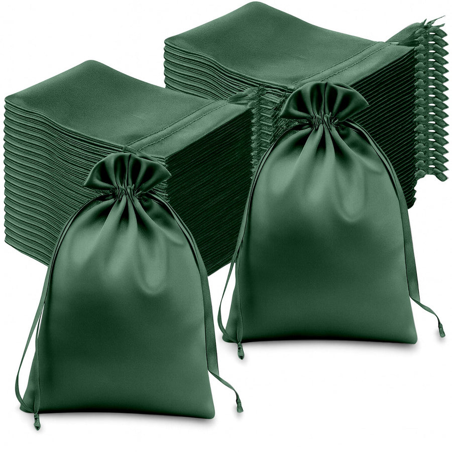 60 Pack 6x9inch Hunter Emerald Green Satin Wedding Party Favor Bags, Drawstring Pouch Gift Bags