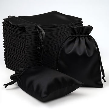 60 Pack 4"x6" Black Satin Wedding Party Favor Bags, Drawstring Pouch Gift Bags