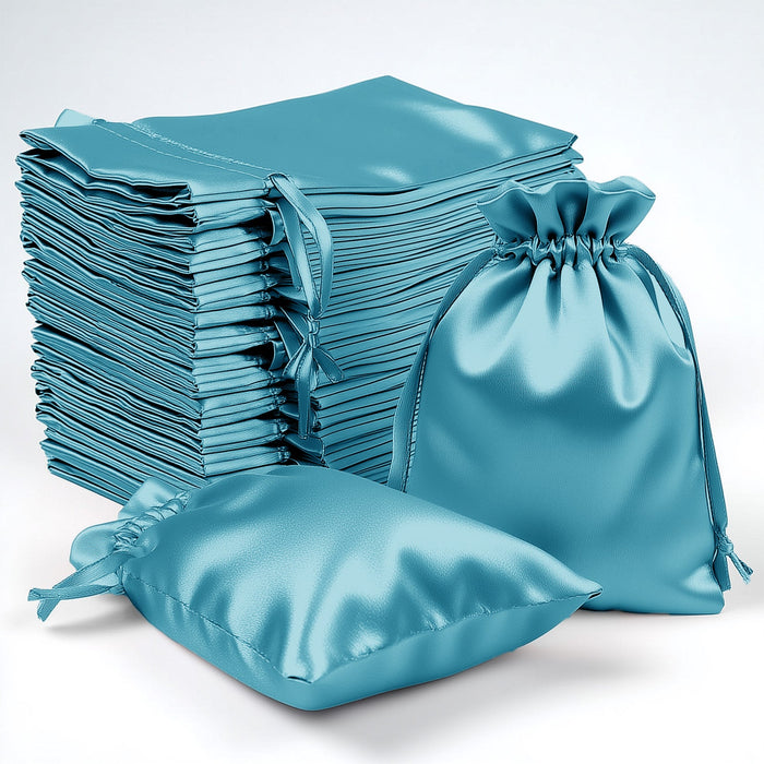 Set of turquoise satin drawstring bags for storage and gifting