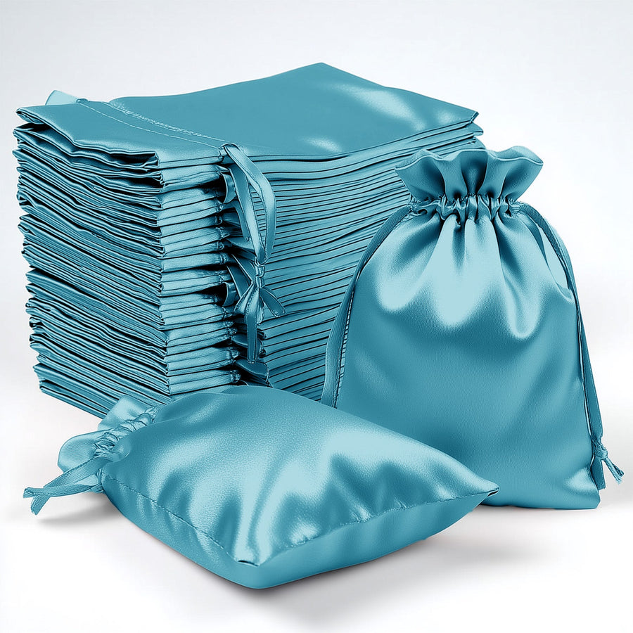 Set of turquoise satin drawstring bags for storage and gifting