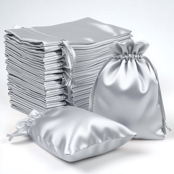 60 Pack 4"x6" Silver Satin Wedding Party Favor Bags, Drawstring Pouch Gift Bags