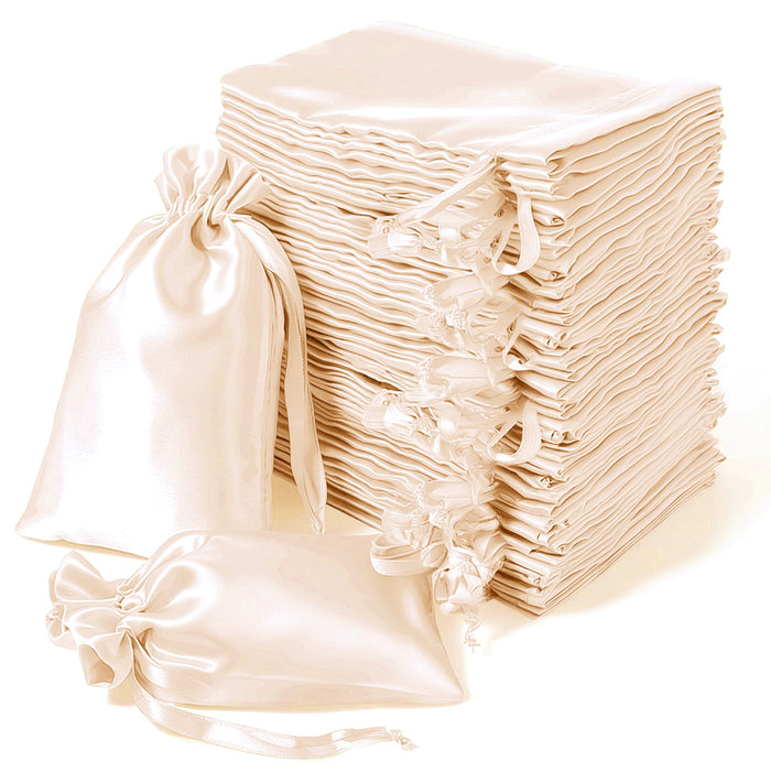 Set of elegant satin drawstring bags in various sizes on a white background.