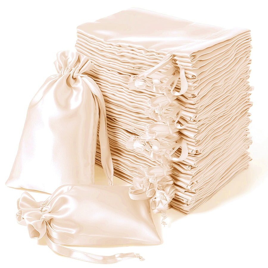 Set of elegant satin drawstring bags in various sizes on a white background.