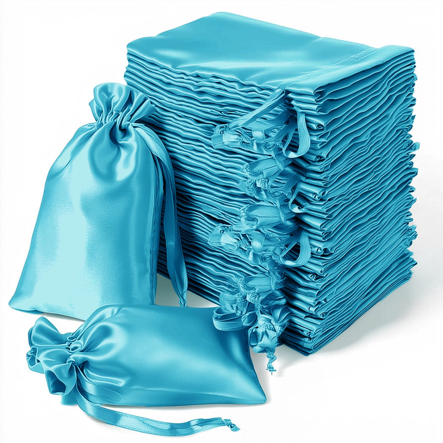 Stack of blue satin drawstring bags for gifts and storage