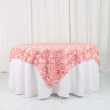 72x72inch Dusty Rose 3D Rosette Satin Table Overlay, Square Tablecloth Topper