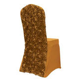 Gold Satin Rosette Spandex Stretch Banquet Chair Cover, Fitted Slip On Chair Cover