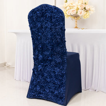 Satin Rosette Chair Cover for Banquet Chairs Navy Blue - Stretch Fitted Slip-On Slipcover