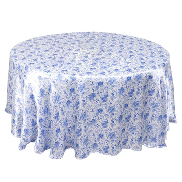 Satin Round 120" Tablecloth White/Blue French Toile Design - Seamless Stylish & Wrinkle-Resistant Table Cover