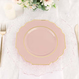 10 Pack | 8 Blush/Rose Gold Hard Plastic Dessert Appetizer Plates, Disposable Tableware, Baroque Heavy Duty Salad Plates with Gold Rim