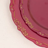 10 Pack | 10inch Burgundy With Gold Vintage Rim Disposable Dinner Plates With Embossed 