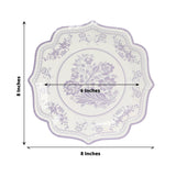 25-Pack Paper Dessert Plates in White with Lavender Lilac Damask Floral Print