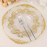 10 Pack Clear Gold European Style Disposable Dinner Plates Vintage Baroque With Scalloped Rim