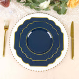 11inch Navy Blue Plastic Dinner Plates, Disposable Tableware, Baroque Heavy Duty Plates Gold Rim